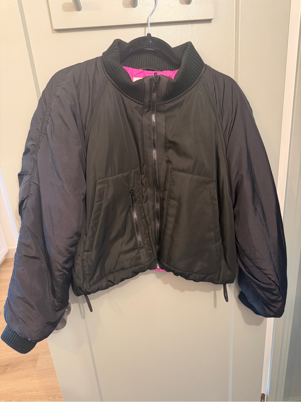 Anthropologie Black Puffer Jacket with Pink Lining
